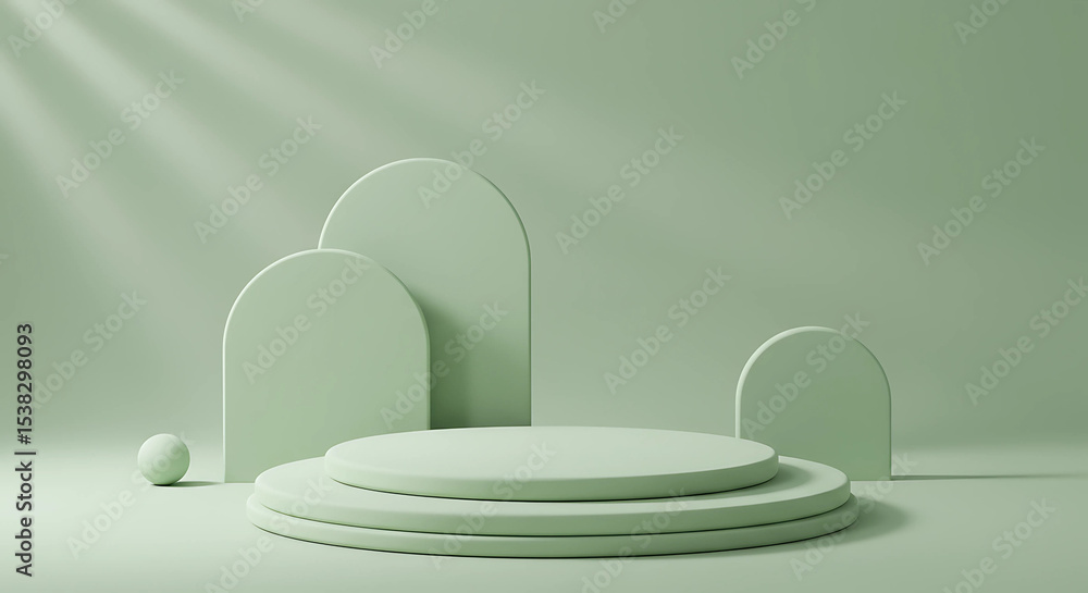 Poster minimalist sage green product display podium with arches and a sphere, bathed in soft light
