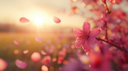 Pink blossom petals softly falling a dreamy spring landscape bathed in golden light at sunset with