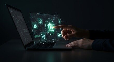Fototapeta premium Dark Laptop Screen Showing Teal Bank Security Interface
