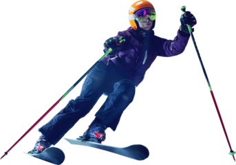Athletic skier in orange helmet and reflective goggles performs dynamic turn mid-slope wearing full ski gear, isolated on transparent background. Concept of travel and alpine tourism.