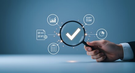 Fototapeta premium Hand Holding Magnifying Glass Showing Checkmark Data Analysis Charts