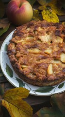 apple crumble with a moist texture, golden-brown crust, and soft interior, served in leaf decorated plate. The plate sits on a Wooden surface.