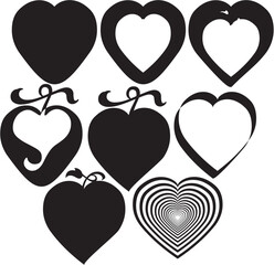 Decorative Heart Shapes Collection, Black Silhouette Vector Icons with Swirls and Cutouts
