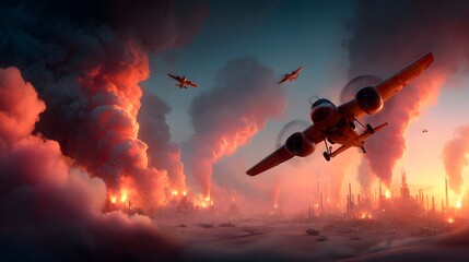 Airplanes engaged in a dramatic aerial battle firing missiles and explosions raging over a burning devastated cityscape in the midst of a chaotic military conflict