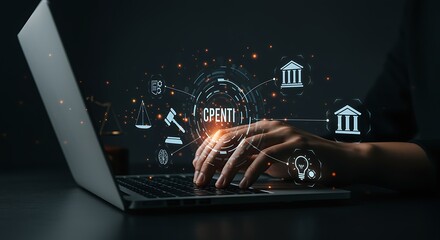 Hands Typing on Laptop with C P E N T I Legal Tech Hologram