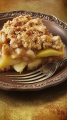 A delectable slice of apple crumble, showcasing its irresistible golden-brown crust and tender, juicy apple filling. A perfect autumn dessert, this recipe is sure to become a family favorite.