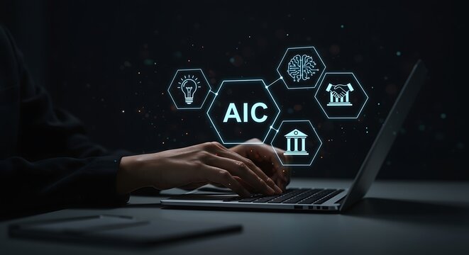 Hands Typing on Laptop with A I C and Technology Icons