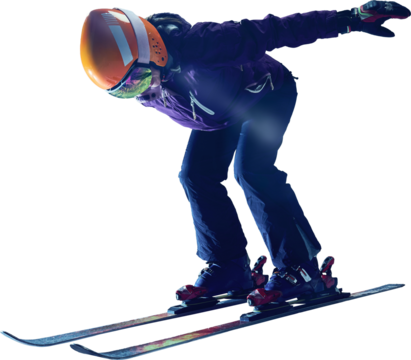 Dynamic shot of young skier with orange helmet and reflective goggles mid-air in split ski pose wearing black pants and purple jacket isolated on transparent background. Concept of athlete branding - Powered by Adobe
