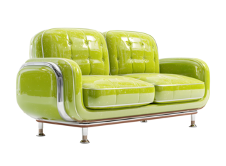 Vibrant green glossy sofa with modern design, featuring plush cushions and sleek frame, adds playful touch to any living space