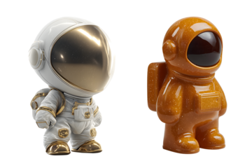 Cute glossy astronaut figurines in white and orange colors, showcasing playful design and shiny finish, evoke sense of wonder and adventure