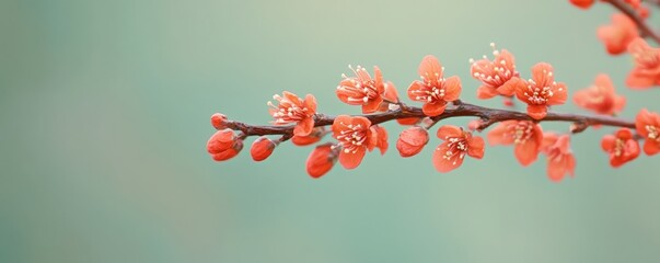 Delicate coral blossoms herald the arrival of spring on a thin branch against a soft teal backdrop