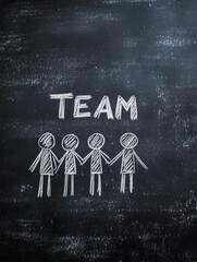 Stick figures holding hands with 'TEAM' text on chalkboard.