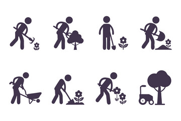 Set of gardening icons with people planting, watering, digging, and using tools. vector illustration for garden, farming, and landscaping.