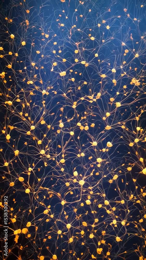 Poster intricate interconnected nerve cells with orange nodes and blue neural pathways conveying electrical