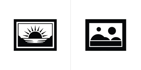 Black and White Illustration of Framed Sun Over Water with Shapes on White Background
