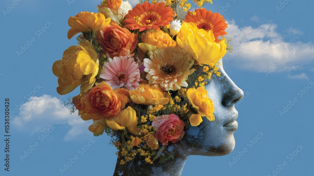 Poster exploring the impact of gratitude on brain function through floral representation of mental wellness
