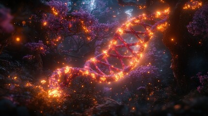 Obraz premium Fiery DNA helix in enchanted forest; science fantasy art