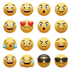 Fototapeta premium A collection of expressive yellow emoji faces displaying various emotions, isolated on white background
