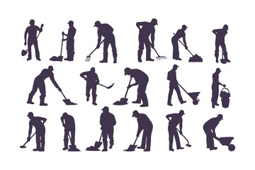 Silhouettes of workers performing outdoor tasks with tools. vector set of people digging, sweeping, raking, spraying, and cleaning.