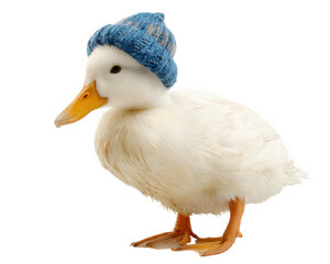 Obraz premium White duck blue winter hat standing isolated cute fluffy animal bird cold weather cheerful expression