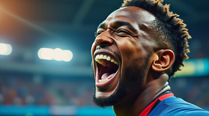 Joyful athlete celebrating victory with exuberant expression on sports field
