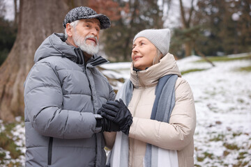 Fototapeta premium Lovely senior couple holding hands at winter park