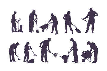 Silhouettes of workers performing outdoor tasks with tools. vector set of people digging, sweeping, raking, spraying, and cleaning.