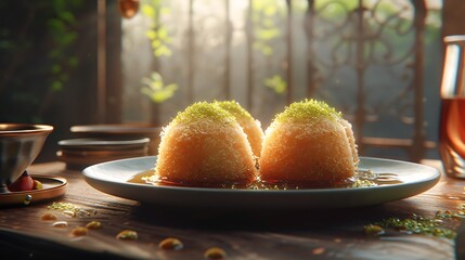 Sweet, golden-brown treats topped with pistachio sprinkles.
