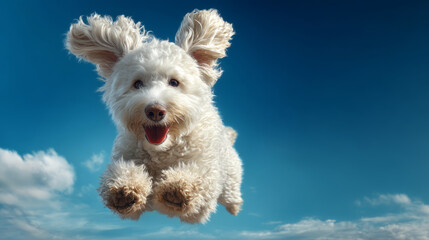 Happy fluffy dog jumping against a bright blue sky on a sunny day