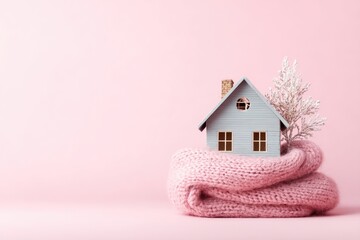 Tiny gray house on pink knit blanket