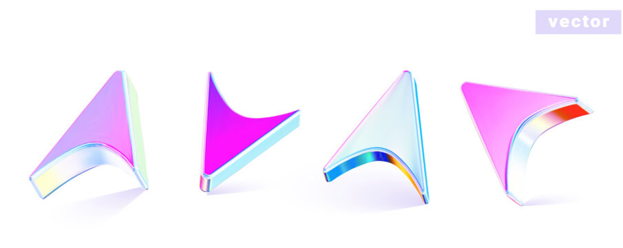 3d abstract arrow cursor icon with neon gradient. Set of chrome iridescent shapes. Vector illustration