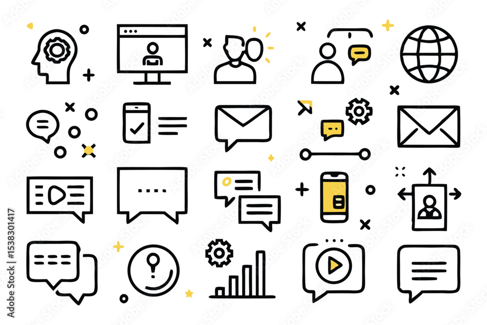 Poster modern communication and digital technology icon set featuring email chat video call and global netw