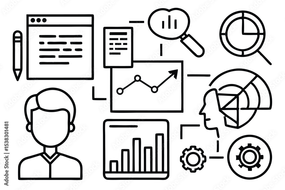 Poster conceptual vector illustration depicting data analysis process including charts, graphs, and a perso