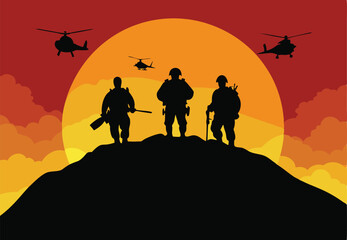 Silhouette of Three Soldiers on a Hilltop at Sunset with Helicopters Overhead A Military Scene