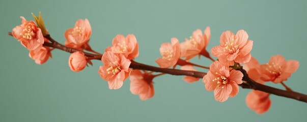 Awakening blossoms a branch of coral blooms whispers spring s gentle promise against a serene blue
