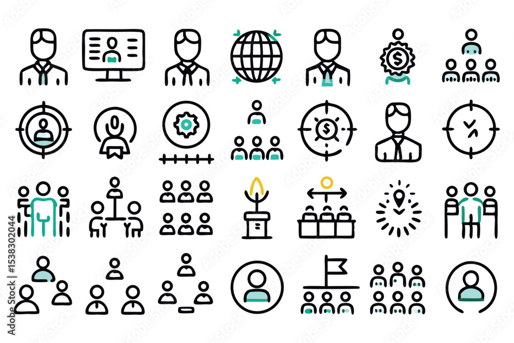 Poster set of diverse business and management related icon illustrations representing various concepts and 