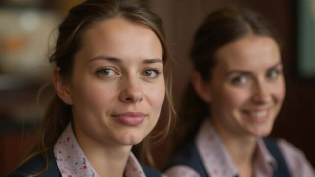 Two Confident Female Professionals Smiling in Uniform at Workplace