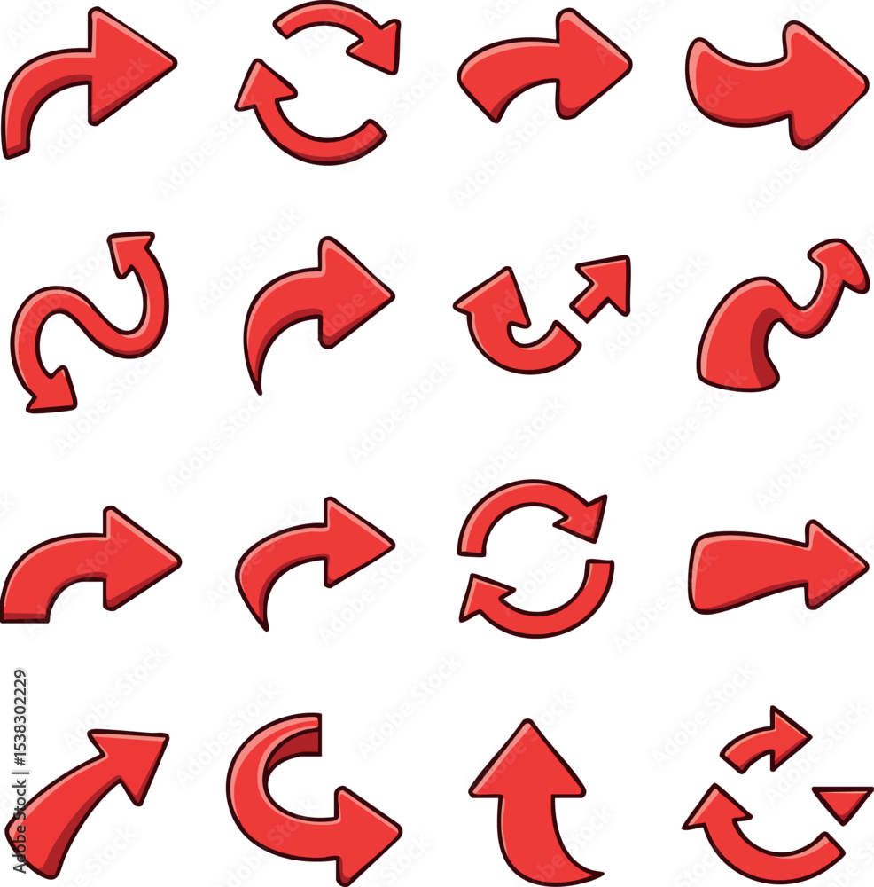 Poster red curved and straight arrow icons set for direction and navigation vector illustration