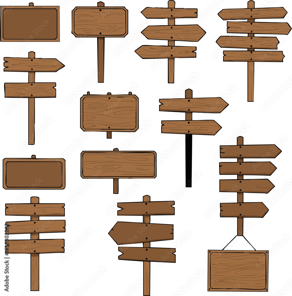 Poster wooden directional signposts and blank signboards vector collection for navigation and guidance