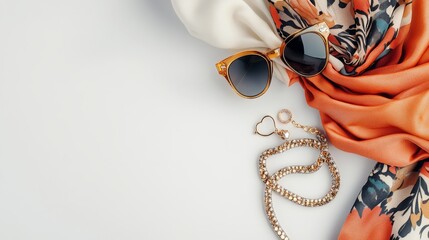 Stylish sunglasses, silk scarf, and golden jewelry arranged on white background, showcasing feminine fashion accessories and luxury lifestyle