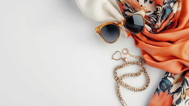 Stylish sunglasses, silk scarf, and golden jewelry arranged on white background, showcasing feminine fashion accessories and luxury lifestyle