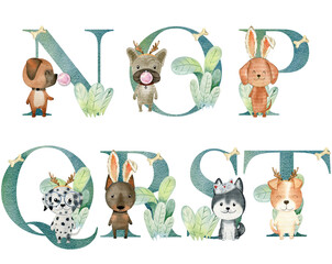 Watercolor dogs letters.
