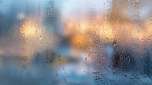 Blurred and frosted window surface with condensation droplets
