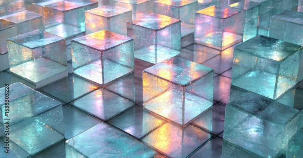 Poster Abstract cubes create vibrant, colorful grid. Light reflects, refracts through translucent blocks. Digital rendering, futuristic design.