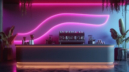 Neon-lit coffee bar with modern design.