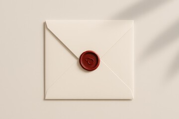 Closed beige envelope with red wax seal on light background, classic style stationery for invitation or message