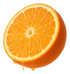 Juicy half of an orange with visible pulp sections and fresh droplets dripping from the fruit.