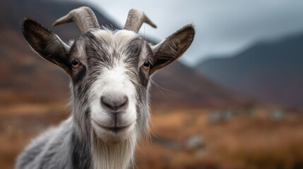 Fototapeta premium Close-up of a goat in a natural scenic landscape