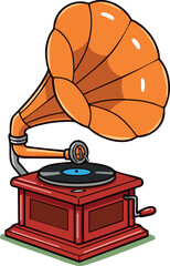 Vintage gramophone with orange horn and red wooden base classic music player vector illustration 