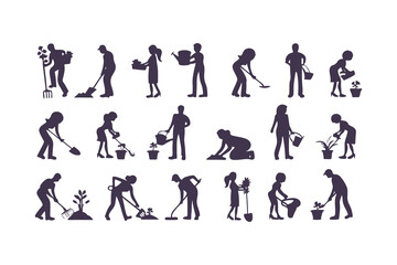 Silhouettes of workers performing outdoor tasks with tools. vector set of people digging, sweeping, raking, spraying, and cleaning.